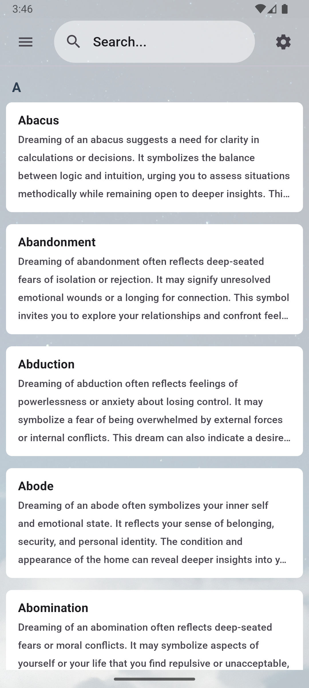 Dream symbol library with search and personal tags