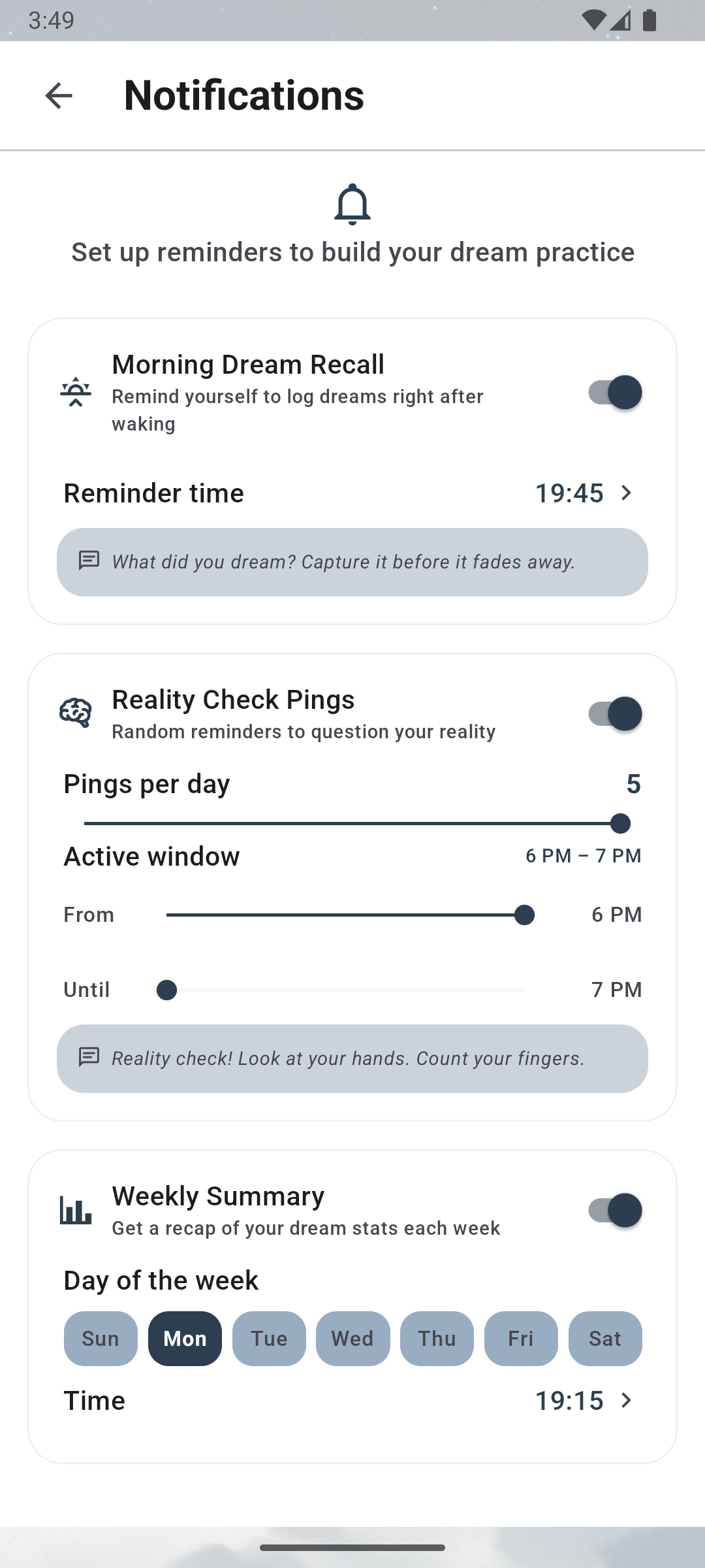Smart reminders settings with toggle options